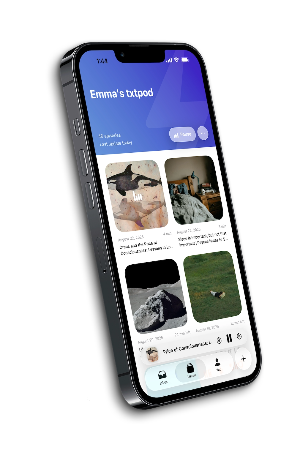 txtpod hero showing private podcast feed and narrated episodes